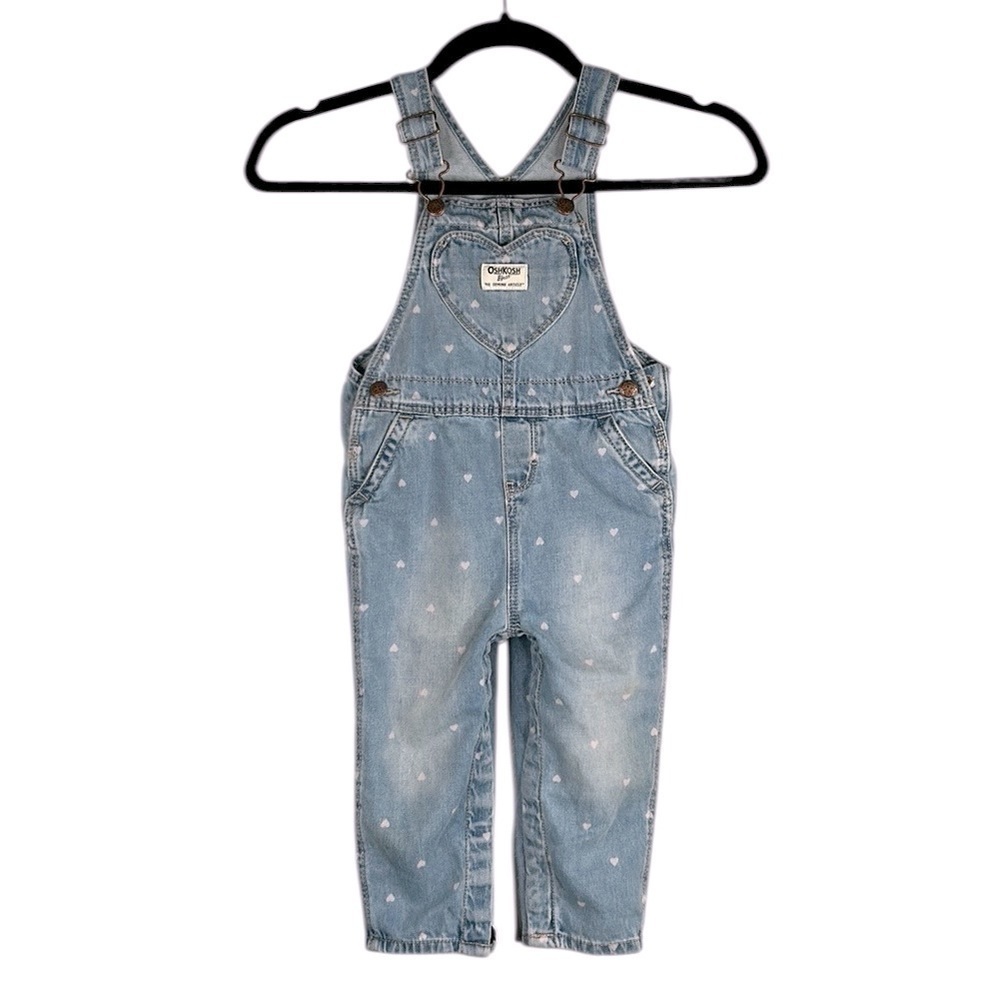 OshKosh B'gosh Girl's Denim Pink Heart Print Overall Jeans Size 24 months